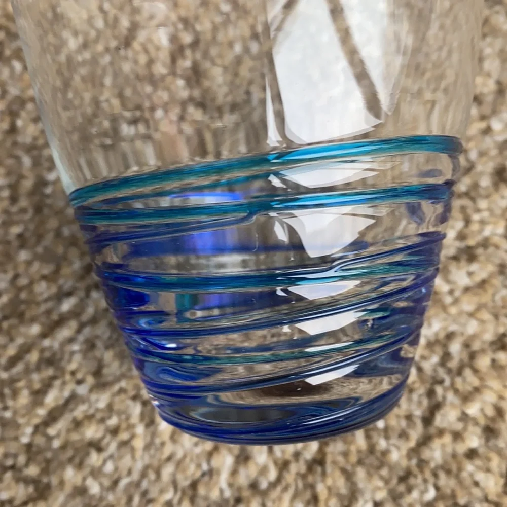 Pier 1 Glass two-tone blue glass pitcher with 3 matching glasses
